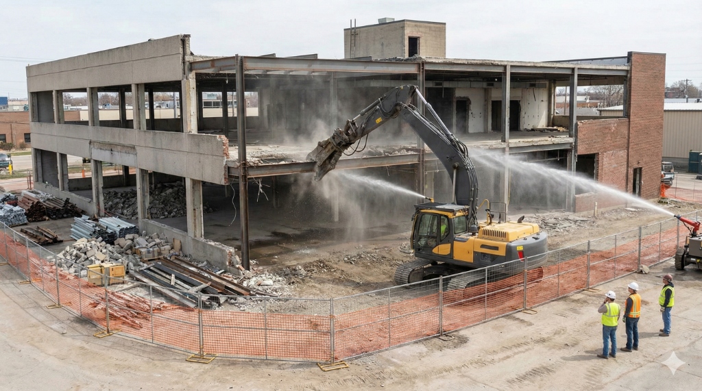 Professioneller Gebäudeabbruch mit Bagger